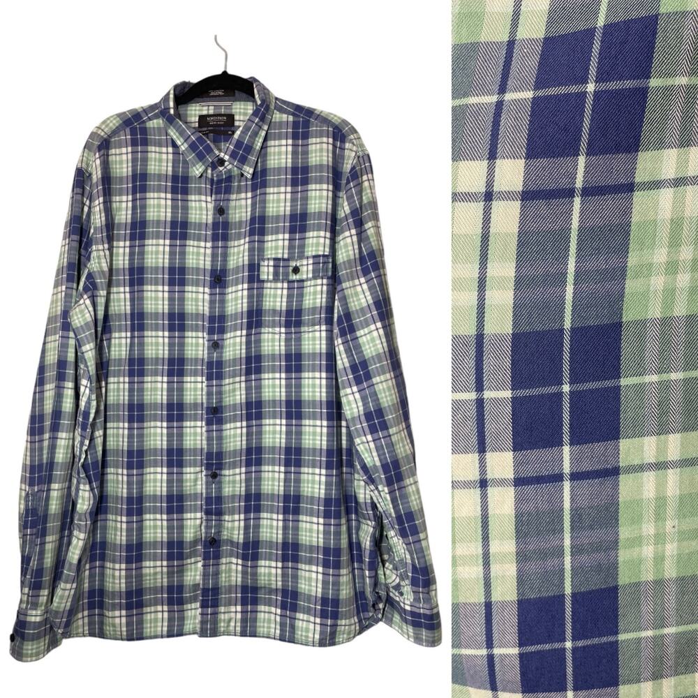 Nordstrom Men's Shop Plaid Button Down Dress Shirt Trim Fit XL Cotton Blue Green